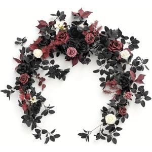 Generic Artificial Rose Garland, Black Maroon Gothic Wedding Centerpiece, 70.87 Inch Floral Swag, Cascading Vine Design, Indoor Party Table Decor (Black)
