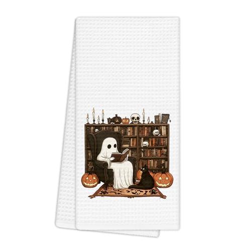 EGBTL Halloween Kitchen Towels, Halloween Fall Hand Towels for Bathroom Decor, Fall Ghost Decor, Cute Ghost Reading Book Gothic Dishcloths Dish Towel for Kitchen 16X24 Inches
