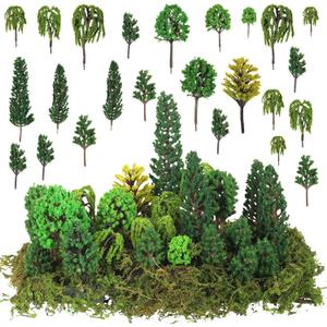Tigeen 28 Pcs Model Trees Mixed Model with 1.4 Ounce Faux Green Moss Decor Tree Train Scenery Architecture for DIY Crafts, Building, Scenery Landscape(Natural Green)
