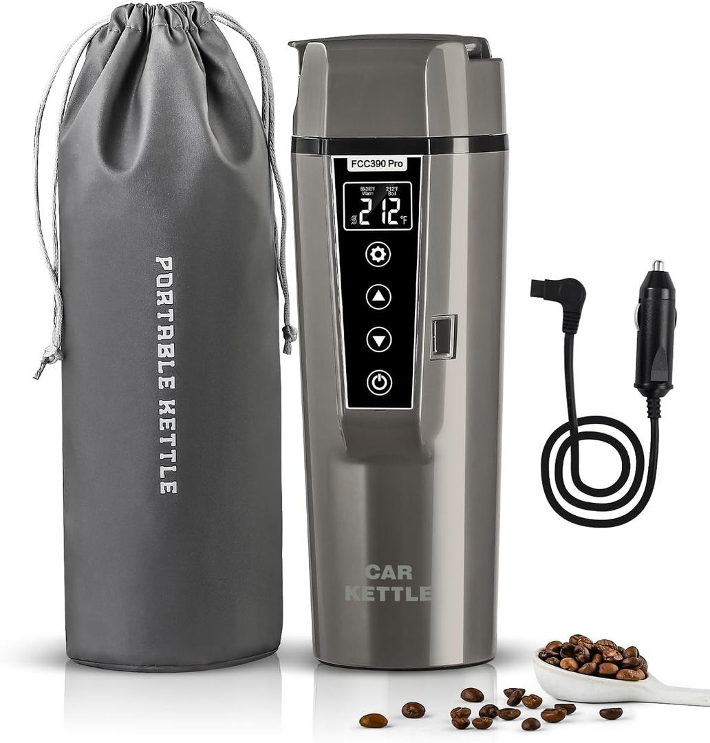 Portable Electric Car Kettle: 12V/24V Kettle Mini Water Boiler for Car Heated Travel Mug,Smart Precision Temperature Adjustment Coffee Tea Truck Cup with Handy Kettle Bag (Taupe, 400ML)