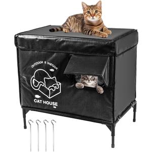 Cat House Outdoor, Indestructible Elevated Feral Cat Shelter Weatherproof with Escape Door,Outside Waterproof Insulated Strayed Cat House for Winter (Black, Large) 15.7"D x 25.6"W x 24"H