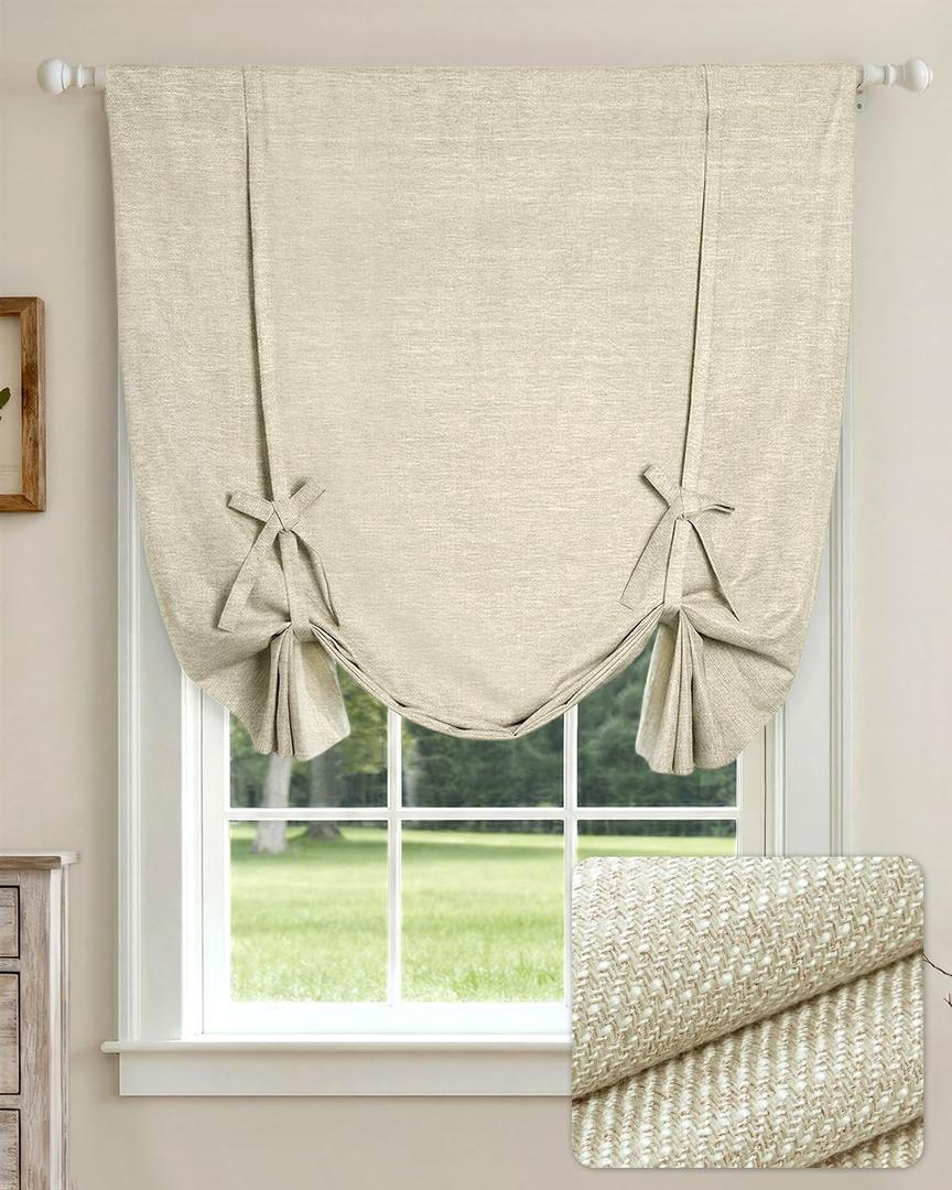 LazBlinds Tie Up Curtains, Linen Blackout Thermal Insulated Balloon Roman Shade Bathroom Window Curtain, Adjustable Rod Pocket Drape for Kitchen, Living Room, Bedroom (25" W x 47" L, Natural)