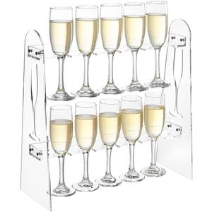 Vessena 2 Tier Acrylic Champagne Wall Holder for Party Champagne Flute Glass Stand Tabletop Stemware Hanging Display Rack Glass Rack Standing Drink Tower Shelf (Clear & Holographic, 10 Slots)