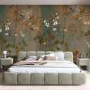 Giant Gold Flowers Wallpaper 3D Vintage Green Tree Branches Shinny Floral Wall Paper DIY Self Adhesive Nature Plants Wall Murals for Bedroom Living Room TV Sofa Background Home Decoration 151"x105"