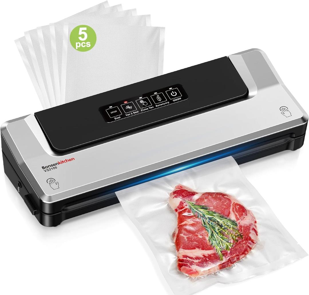 Bonsenkitchen Vacuum Sealer Machine | Compact Food Sealer for Kitchen Storage & Meal Prep | Multiple Modes | External Vacuum System | 5 Bags, Silver