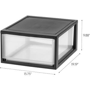 IRIS USA 30 Qt. Plastic Drawer Storage Organizer Stacking Drawer, Stackable Unit with Sliding Drawer for Clothes Bedroom Kitchen Under Sink Pantry Craft Room Bathroom Dorm Office, Black