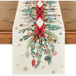 Artoid Mode Red Nutcracker Floral Holly Christmas Table Runner, Seasonal Winter Kitchen Dining Table Decoration for Home Party Decor 13x120 Inch