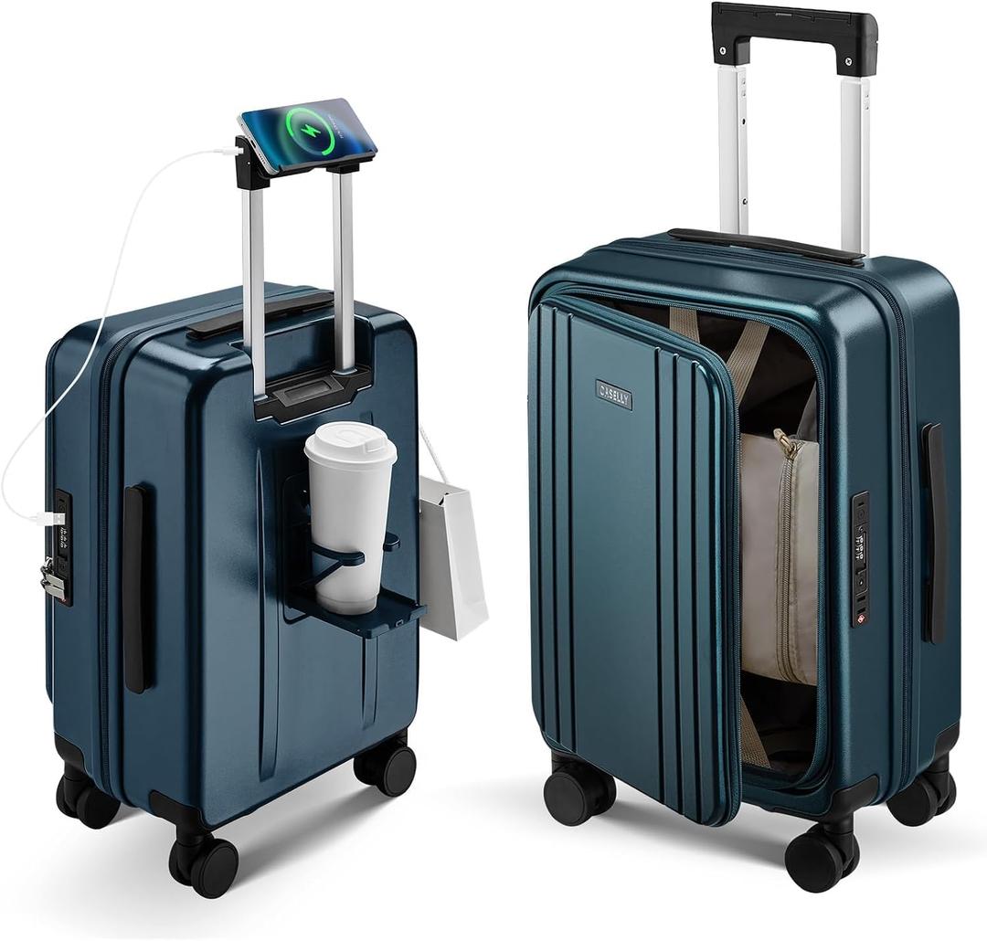 Carry On Luggage Top Opening with Cup Holder & Phone Holder, Expandable PC Hard Shell Suitcase, USB Charging Port, Side Hook, 360° Spinner Wheels, TSA Lock & YKK Zippers for Fathers Day Gift, 20 inches