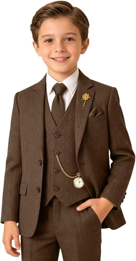 Tweed Herringbone Boys Suit 3 Piece Slim Fit Retro Kid Suits Tuxedos Set Prom Outfit Jacket Blazer Vest Pants for Boy (Dark Brown) 3T