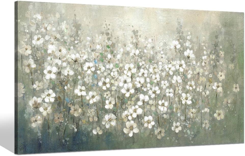 Flower Wall Art Canvas Decor: Bedroom Living Room Modern White Floral Hand Painted Painting Abstract Gold Foil Botanical Picture Heavy Textured Vintage Nature Wildflower Print Artwork for Farmhouse