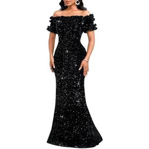 Dasmzper Women Sexy Sequin Off Shoulder Ruffle Short Sleeve Bodycon Mermaid Party Formal Evening Maxi Dress 2 XL