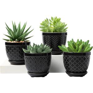 Sureasy Ceramic Plant Pots, 4.7 Inch Flower Pots for Indoor Plants, Succulent Pots with Saucer and Drainage Hole, Decorative Planter for Succulent, Cactus, Set of 4, Black