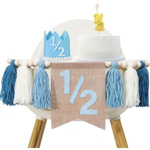1/2 Birthday Boy Half Birthday Decorations High Chair Banner, 6 Month Tassel Wood Bead Highchair Garland Blue