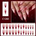4 x 24 Pcs Christmas Press on Nails Long Stiletto Red French Tip with Glitter Design Almond Fake Nails Full Cover Glossy Red Bow Pattern False Nails Artificial Acrylic Stick on Nail for Women (Styl 37)