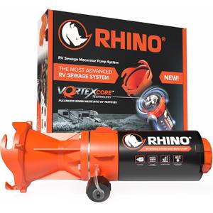 Camco Rhino Camper/RV Sewer Macerator Pump System - VortexCore Technology Grinds Sewer Waste into 1/8 Pieces - Versatile for Any Location - 4-in1 Adapter, Self-Priming Pump & 15 Water Hose (39040)