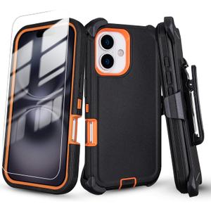for iPhone 16 Case with Belt Clip Holster + Screen Protector, 3-Layer Heavy Duty Rugged Shockproof Anti-Drop Full Body Protective Case for iPhone 16 6.1 Inch (Black+Orange)