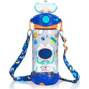 Kids Water Bottle with Straw/Lanyard for School Kids Girls Boys, 22oz BPA Free Child Drinking Water Bottle One-Click-Open Leak-Proof Locking Flip Lid for School Sport Travel