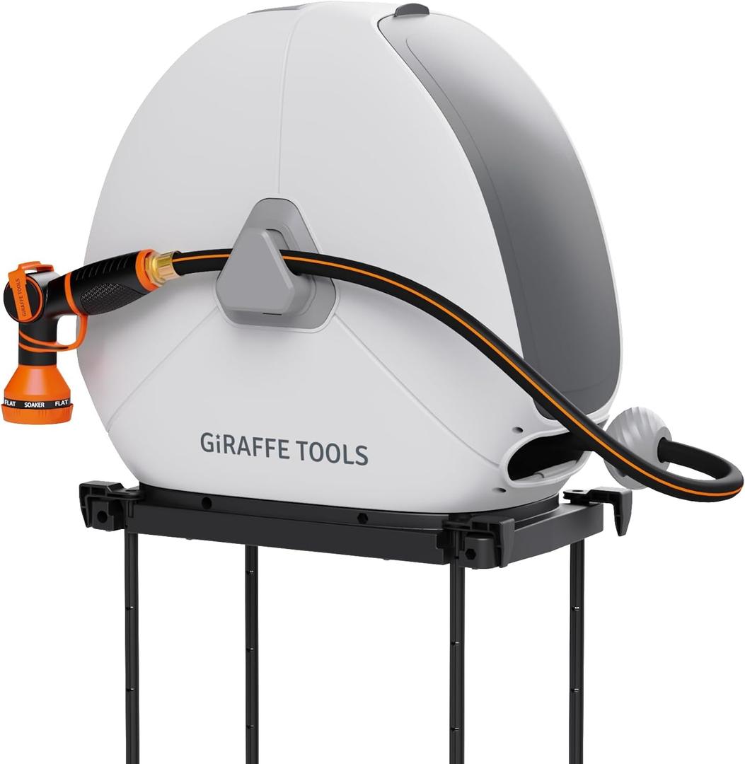 Giraffe Tools Ground Mounted Retractable Hose Reel 1/2 Inch x 82FT, Heavy Duty Automatic Rewind Garden Hose Reel, with Flexible Swivel Base for Lawn, Concrete Floor