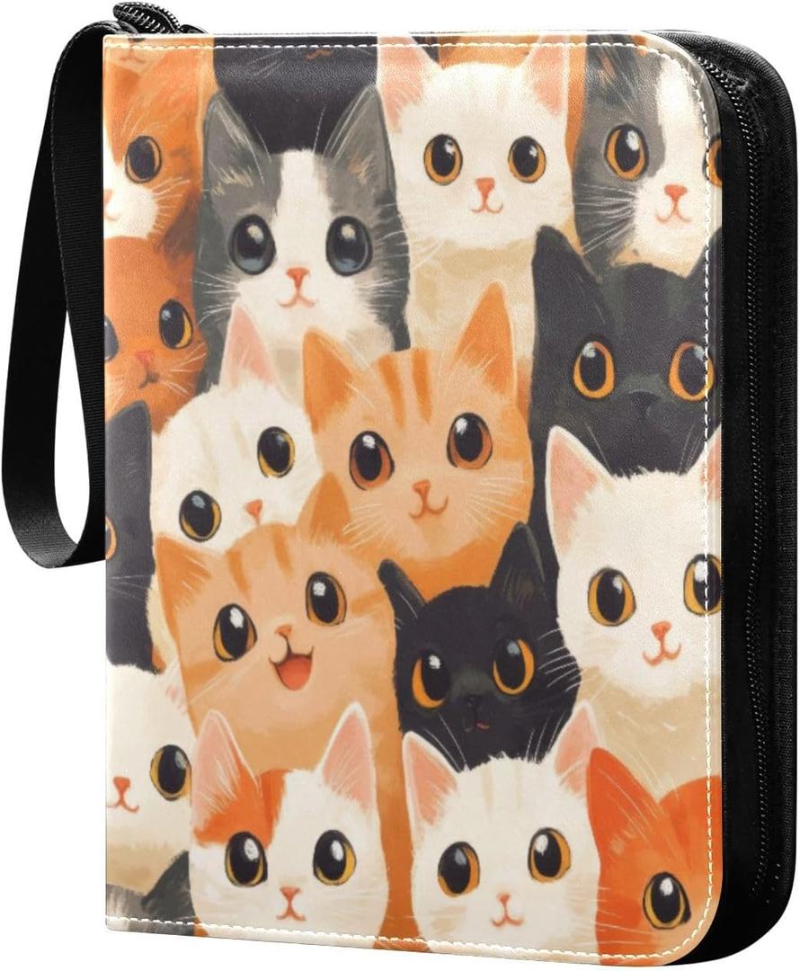 Cute Cats Card Binder 4-Pocket, 400 Pockets PU Waterproof Zippered Collector Card Album with 50 Removable Sleeves for Trading, Game Cards (C271)