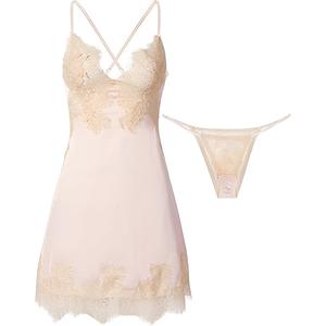 Lilosy Sexy Silk Lace Up Backless Satin Applique Floral Lace Babydoll Lingerie Dress with Tong 2 Piece BEige, XS