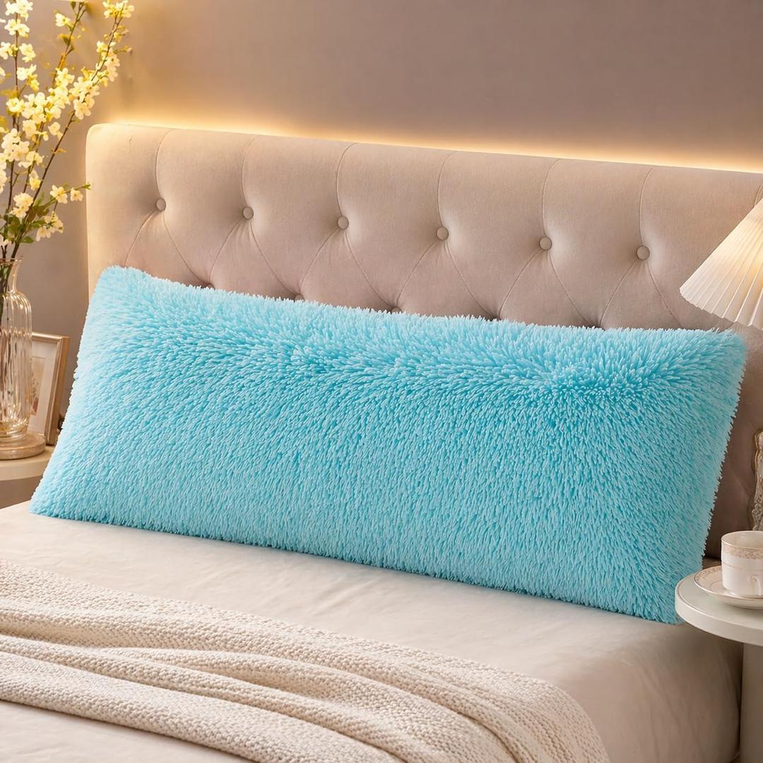 Reafort Luxury Faux Fur Body Pillow Cover 21" x 54", Long Hair PV Plush Body Pillow Case with Hidden Zipper Closure, Ultra Soft Fluffy Decorative Long Pillow Cover (Aqua, Body)