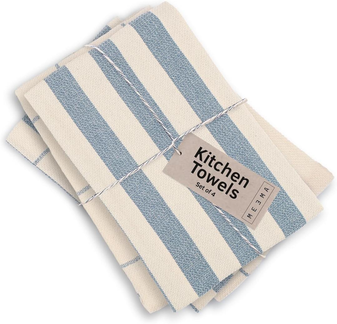 MEEMA Upcycled Spring Kitchen Towels Cotton Fabric | Super Absorbent Hand Towels with Hanging Loop | Cleaning Rags and Dish Towels for Kitchen | Blue Striped | Large 18 x 28 Inch | 4-Pack