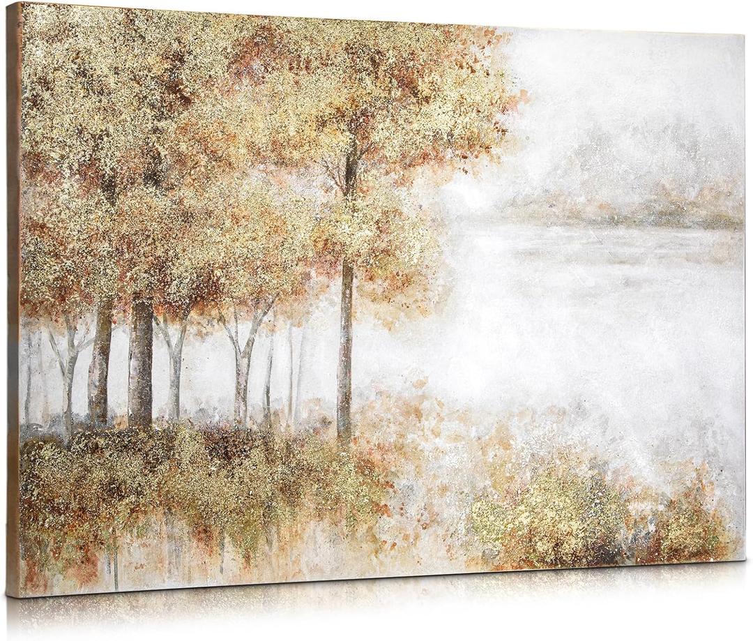 Briful Beige Gold Forest Abstract Wall Art Large Wrapped Canvas Artwork Modern Landscape Oil Painting Hand-Painted Botanical Wall Decor for Living Room Home Office Christmas Decor, 30"x40" Unframed
