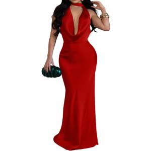 Memoriesea Women's Deep Cut Cowl Neck Sleeveless Open Back Formal Party Maxi Dress (Large, Red)