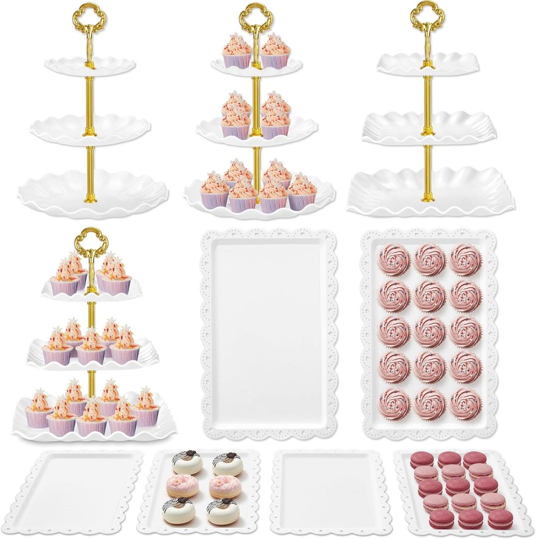 Kootek Dessert Cupcake Stand, 10pcs Dessert Table Display Set, 3 Tiered Cup Cake Holder Tower Stand Riser& Cookie Serving Trays for Wedding, Tea Party, Birthday, Baby Shower (Gold & White)