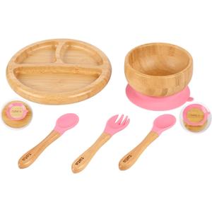 TATA AMG Bamboo Suction Plate & Bowl with Fork and 2 Spoons | Divided Wooden Feeding Dish for Toddlers | BPA-Free Baby Led Weaning (BLW) Utensil Set (Pink)