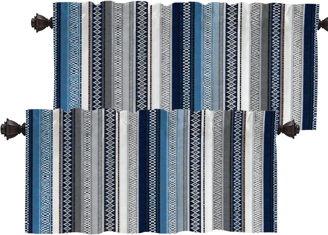 Batmerry Boho Ethnic Tribal Art Kitchen Valances Half Window Curtain, Navy Blue Geometric Ikat Tribal Print Pattern Kitchen Valances for Windows Valance for Decor Reducing The Light 52x18 Inch
