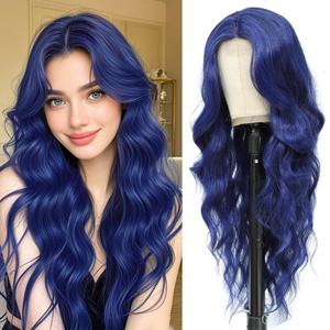 Blue Mixed Black Wigs for Women Long Wavy Blue Wig Natural Middle Part Synthetic Curly Hair Heat Resistant Fiber Hair Replacement Wigs for Daily Party (26'')