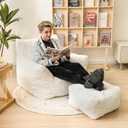 Cvortll Bean Bag Chair with Ottoman, Armrest Bean Bag Chairs with Filler, Ultra Soft Fluffy Faux Fur Bean Bag Chair with Foot Rest, Plush Lazy Sofa with Foot Stool for Living Room, Dorm, 37.4 inches L x 37.4 inches W x 27.16 inches H