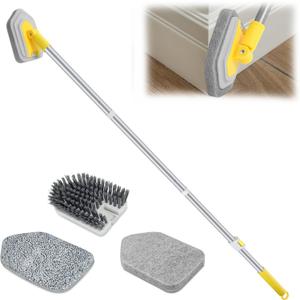 Lalafancy Baseboard Cleaner Tool with Long Handle 3 Reusable Cleaning Brush Pads, 52 Shower Wall Cleaner Scrubber Baseboard Duster for Bathroom Wall Floor Skirting Bathtub Window Scrubbing