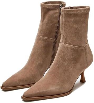 Atsroel Womens Brown Suede Fall Boots with Side Zip, Ankle, Mid Calf, Pointed Toe, Kitten Heel, Dressy, Short Boots Size 8