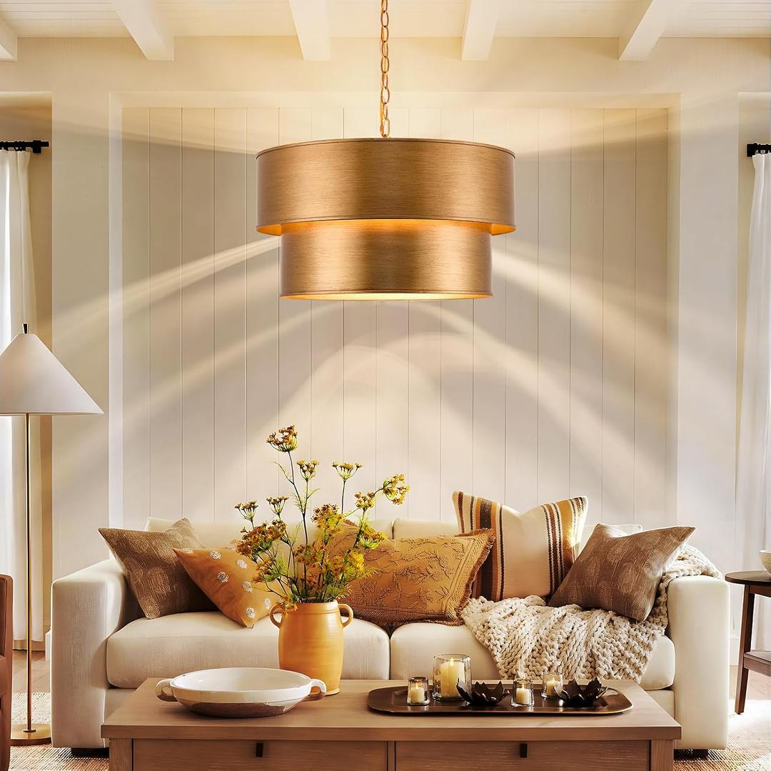 Gold Chandelier Light Fixture, 21" Drum Chandeliers with 2-Layer Antique Bronze Metal Shade, 6-Lights Large Pendant Light Fixture, Chandeliers for Dining Room Bedroom Living Room Kitchen Island Foyer, 21+17 Inch