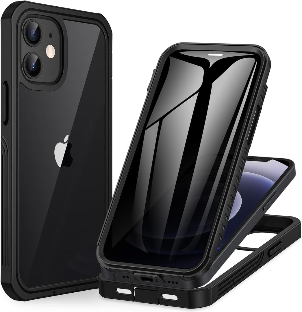 CENHUFO Privacy for iPhone 12 Mini Case, Full Body Phone Case with Built-in 9H Tempered Glass Privacy Screen Protector, Anti Peep Anti Spy Shockproof Protective Bumper Clear Cover - Black