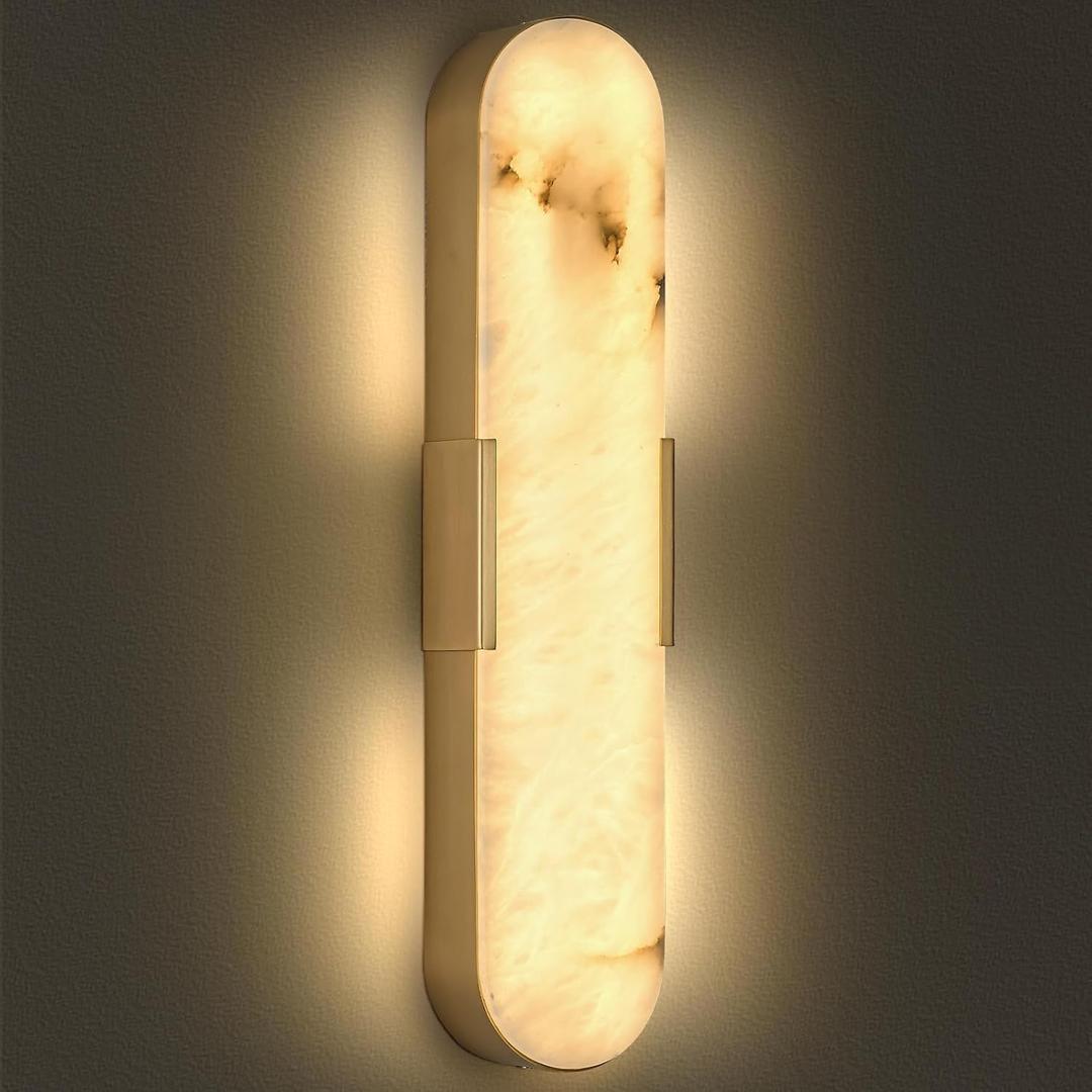 Alabaster Wall Sconce, 20 in Natural Marble Brass Wall Sconce 3000K Indoor Modern Bathroom Alabaster Lamp for Living Room, Bedroom, Porch, Dining Room, Stairway, 1PCS