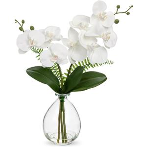Oairse White Orchids Artificial Flowers, Faux Orchid in Glass Vase Real Touch Small Phalaenopsis Orchid Flowers Arrangements with Clear Vase Orchids Centerpiece for Dining Room Table