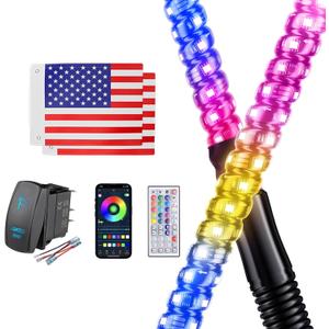 2 PCS 3FT Whip Lights with Spring Base, APP & Remote Control Led Whip Lights for Side by Side, Spiral RGB Chasing Lighted Whips with Rocker Switch, Music Led Whips for UTV ATV RZR SXS Can-Am