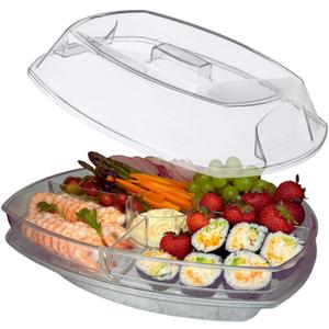 Appetizer Serving Tray on Ice with Lid, 3 Layers 15 Inch Party Platter with 4 Compartments for Shrimp, Fruits, Salads, Sushi, Dips and Desserts, Clear,green