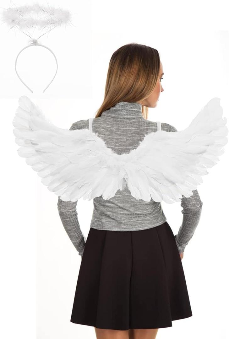 Angel Wings and Halo Adult Feather Angel Wings Costume for Women Halloween Cosplay Costumes (White)