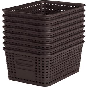 Brown Plastic Storage Baskets - Pack of 8 with Labels Stackable Durable Storage Bins, Storage Containers for Organizing Desktops, Closets, Playrooms, Classrooms, Offices