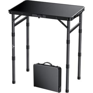 FUNYKICH Camping Table with Waterproof Plastic Tabletop 22.8''x15.7'', 3 Height Adjustable Small Folding Table, Lightweight Portable Picnic Table with Carry Handle for Picnic, Beach, Travel, Black