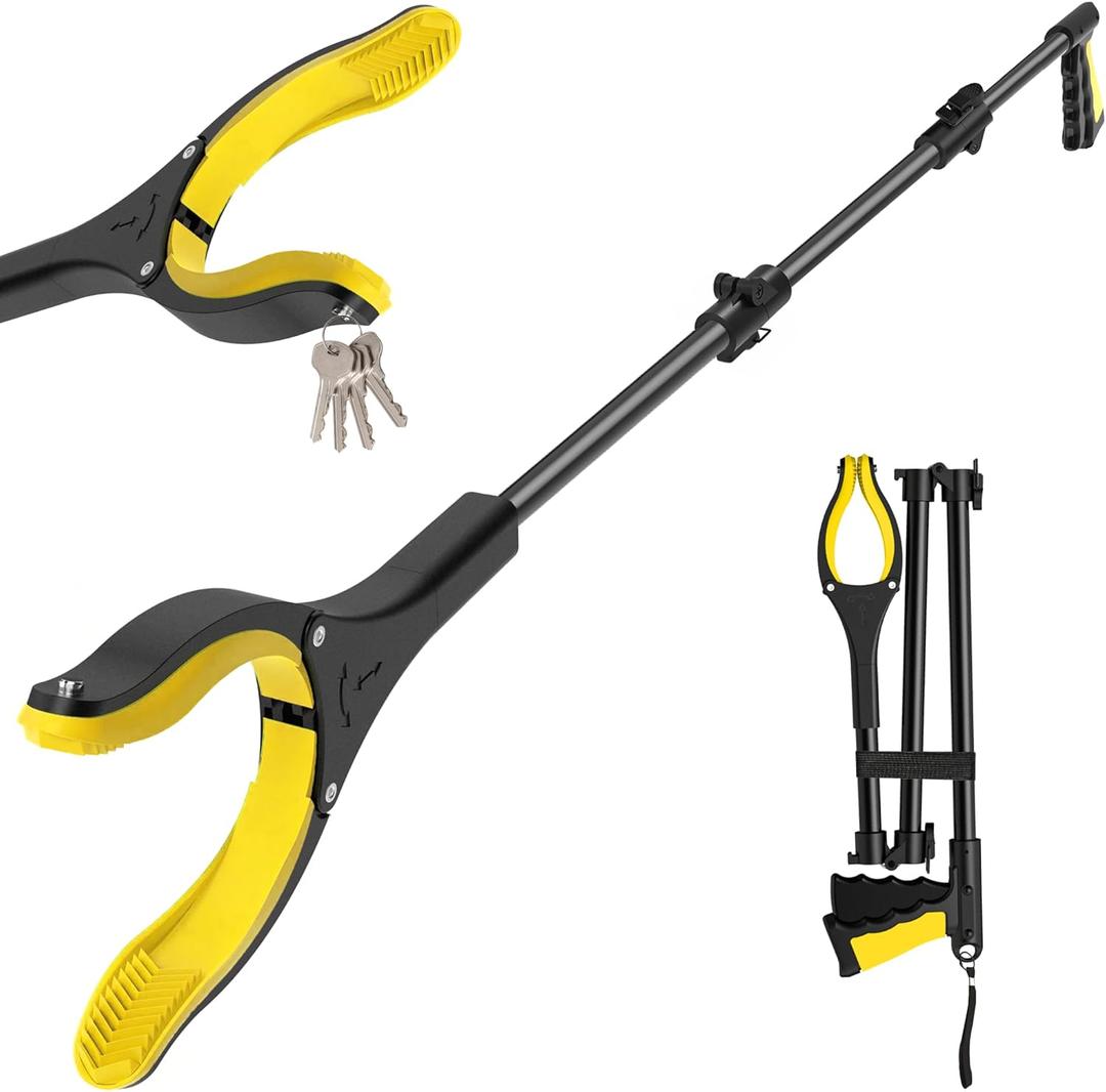 44 Inch Extra Long Grabber Reacher ToolFoldable Trash Pick Up Stick for Seniors with Strong Grip Magnetic360Rotating Anti-Slip Jaw 4" Wide Claw Opening,Hand Grabber for Reaching (Yellowblack)