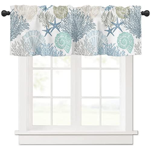 Coral Valance for Windows Starfish Seashell Curtains Valances Blue Ocean Coastal Short Curtains Rod Pocket Window Treatment for Kitchen Living Room Bedroom Bathroom Summer Beach Decor 1 Panel 54x18