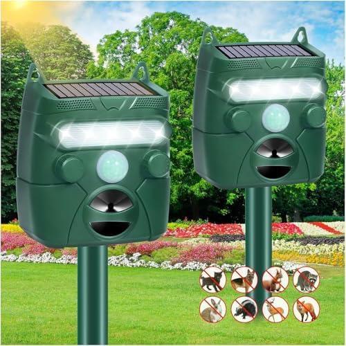 Dog Repellent for Yard, Cat Repellent Outdoor Motion Activated&Flash Light, Waterproof Squirrel Skunk Repellent Solar Ultrasonic Animal Repeller to Scare Rabbit Deer Out of Garden Farm(2 Pack)