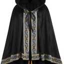 Adult Medieval Witch Hooded Cloak Women Man Renaissance Black Witchs Cape with Hood Halloween Cosplay (Black)