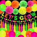 Neon Party Decorations Glow in the Dark Party Hanging Swirls Supplies Lets Glow Banner Neon Tissue Paper Pom Poms Balloon Paper Tassel Circle Dot Garland for Birthday Dance Black Light Wedding