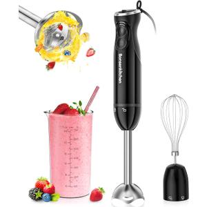 Bonsenkitchen Immersion Blender Handheld, 12-Speed and Turbo Hand Blender Electric with Sharp Blades, 3-In-1 Hand Held Stick Blender with Egg Whisk, 24oz Beaker for Soups, Smoothies, Sauce